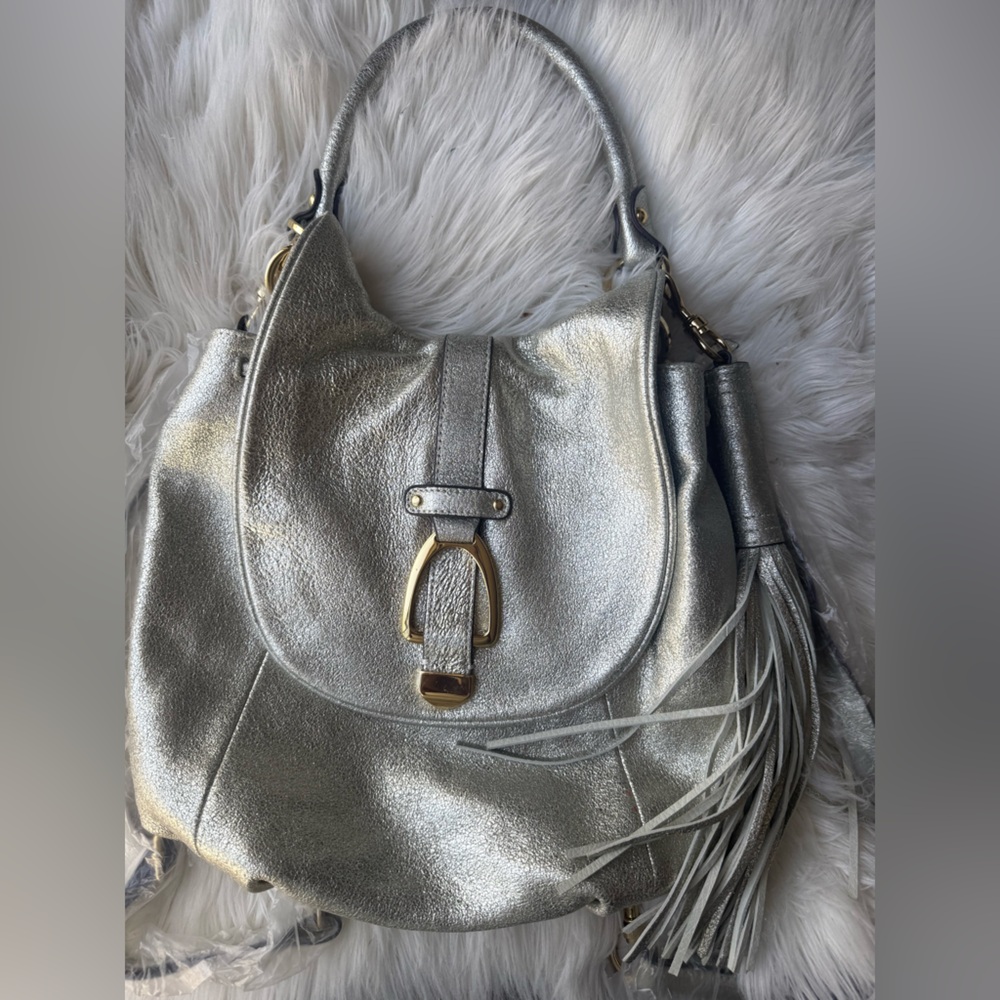 G.I.L.I. Leather Metallic Silver Shoulder convertible Bag with Gold Buckle